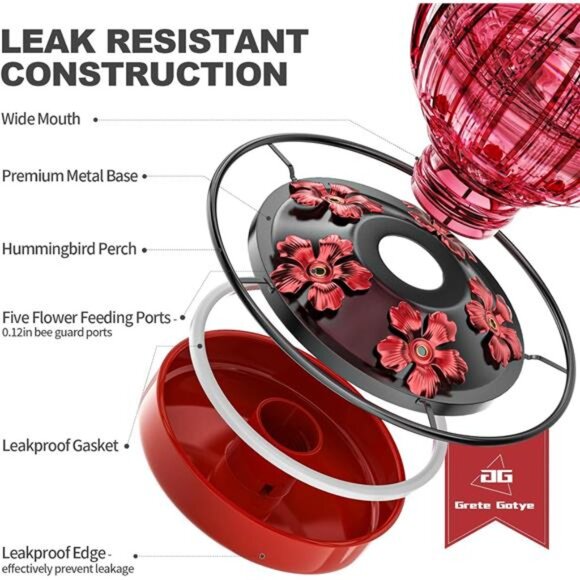 Glass Hummingbird Feeder for Outdoors Hanging,26Oz Bird Nectar Feeder with Perch - Picture 3 of 7